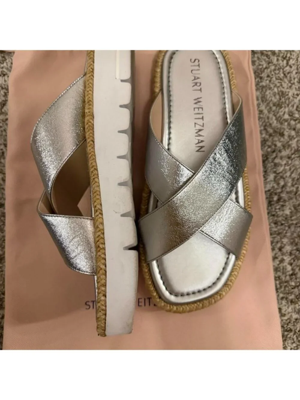 Stuart Weitzman S0934 Silver Metallic Platform Slide Sandals Women's 8.5 w/ Box